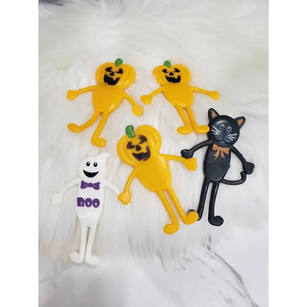 Vintage Bendy Rubber Figure Toy Bendable Halloween Pumpkin Ghost Black Cat Lot
